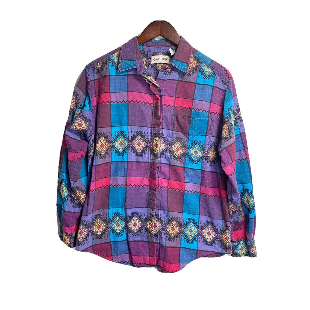 Vintage Cabin Creek Women’s Button Up Geometric Embroidered Colorful Size Large